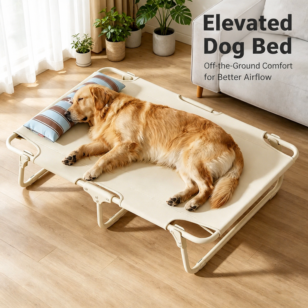 Foldable elevated dog bed with breathable beige cot and striped bolster pillow