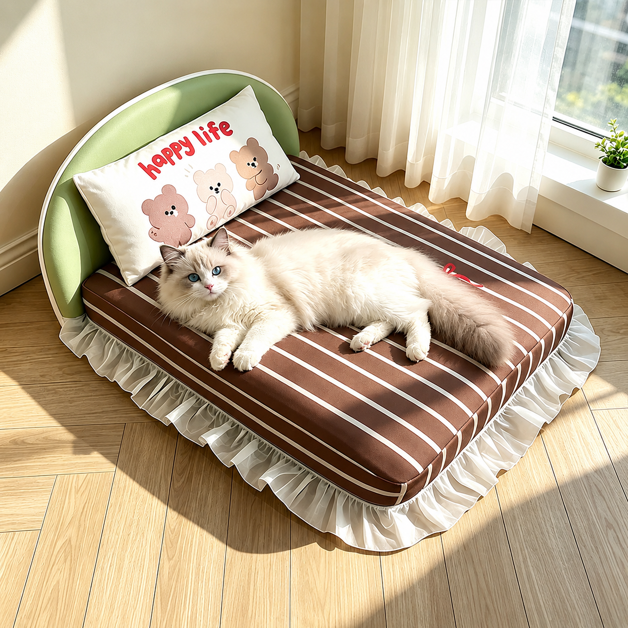 Dark brown striped cat sofa bed with green headboard and supportive pillow