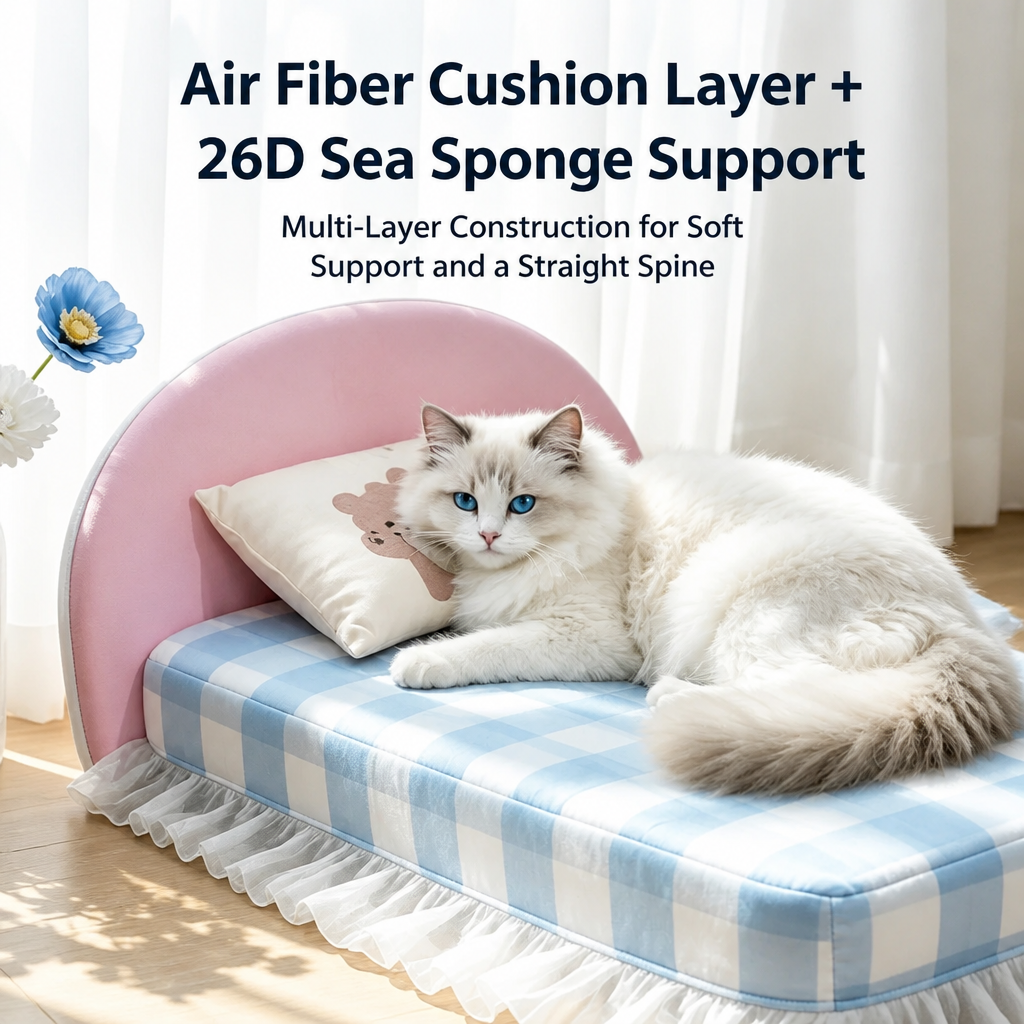 Soft curved headboard creates a sheltered lounging area for pets