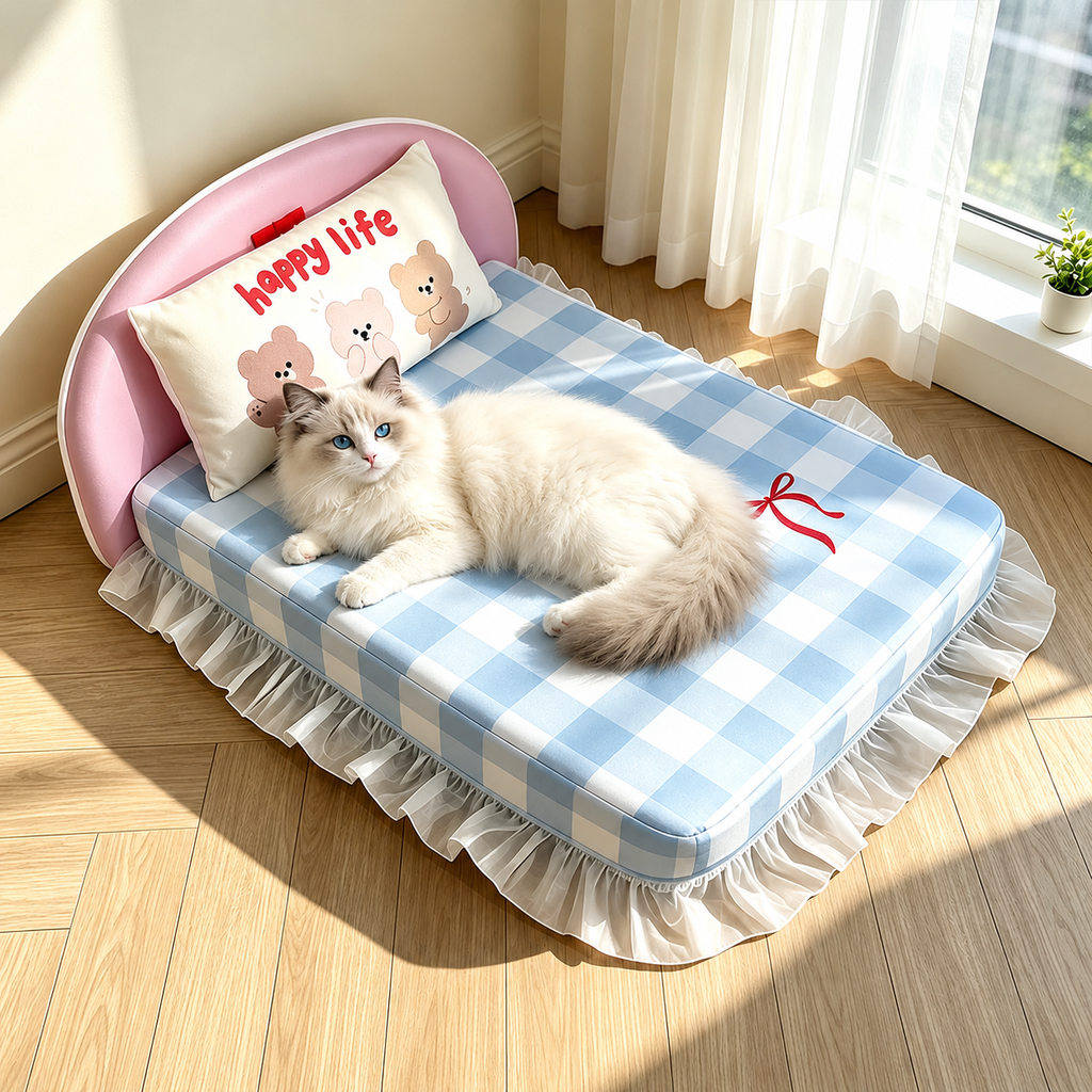 Light blue gingham cat sofa bed with pink headboard and decorative pillow