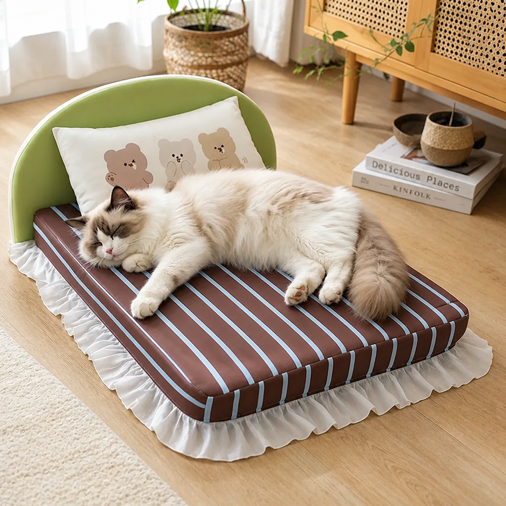 Waterproof cat sofa bed with curved headboard, striped cushion, pillow and ruffled trim Main image
