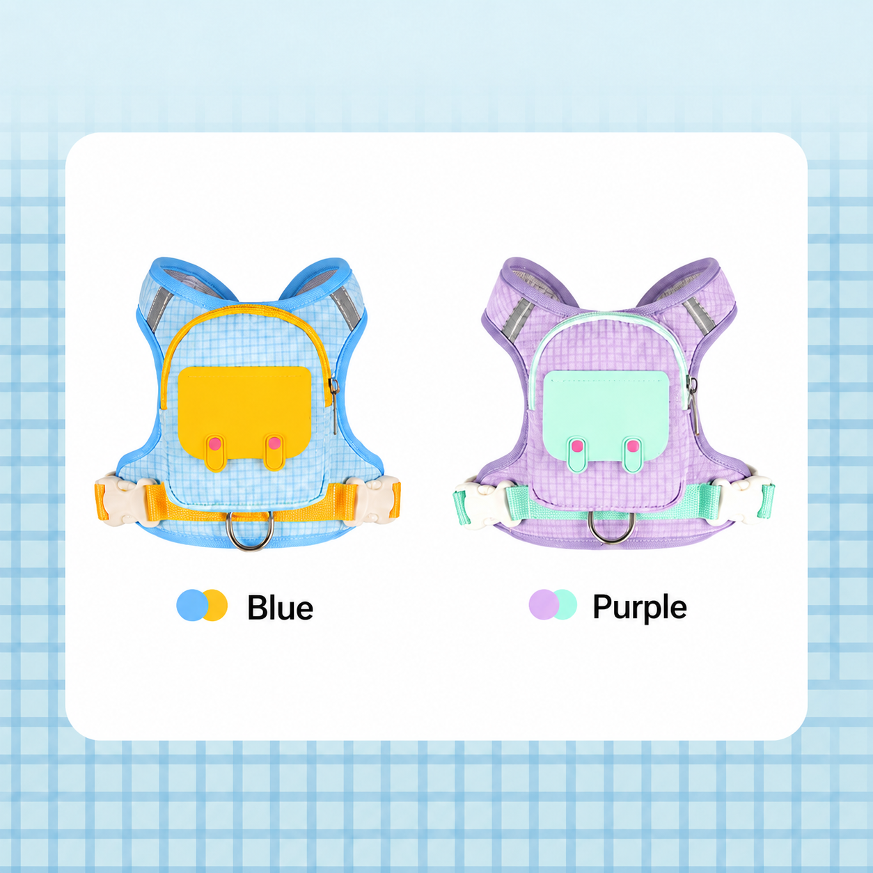 Blue and purple color options for the dog harness backpack