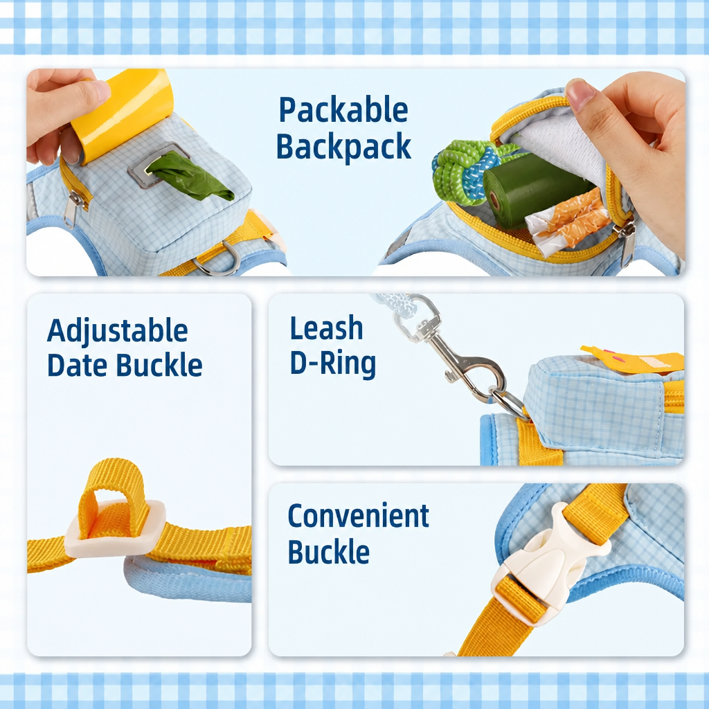 Storage pocket, adjustable buckle, leash D-ring and quick-release details