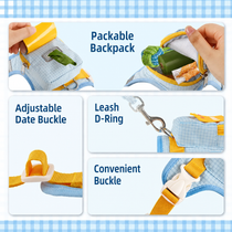 Storage pocket, adjustable buckle, leash D-ring and quick-release details