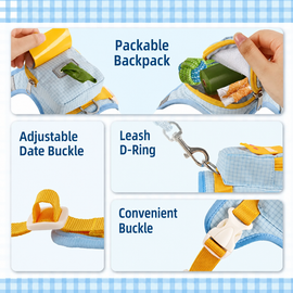 Storage pocket, adjustable buckle, leash D-ring and quick-release details
