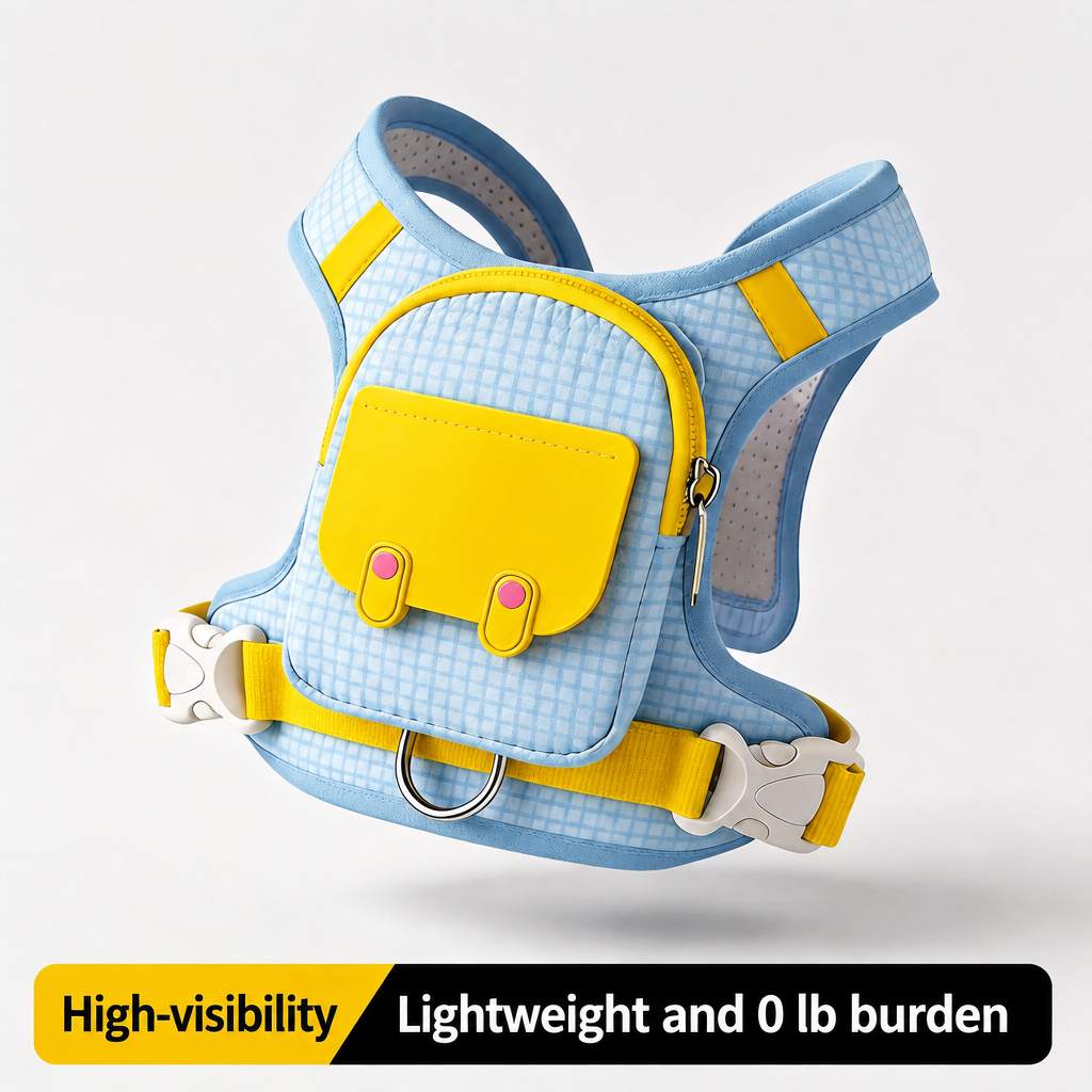 Blue lightweight dog harness backpack with yellow storage pocket and leash D-ring