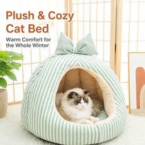 Striped Bow Dome Cat Cave Bed with Plush Cushion