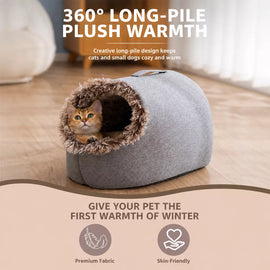 Enclosed Plush Pet Bed with Carry Handle for Cats and Small Dogs