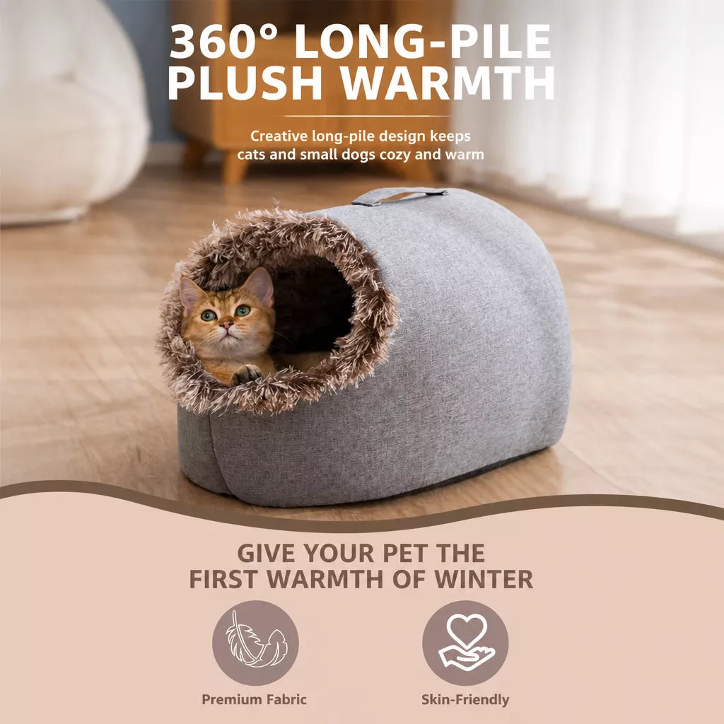 Enclosed Plush Pet Bed with Carry Handle for Cats and Small Dogs