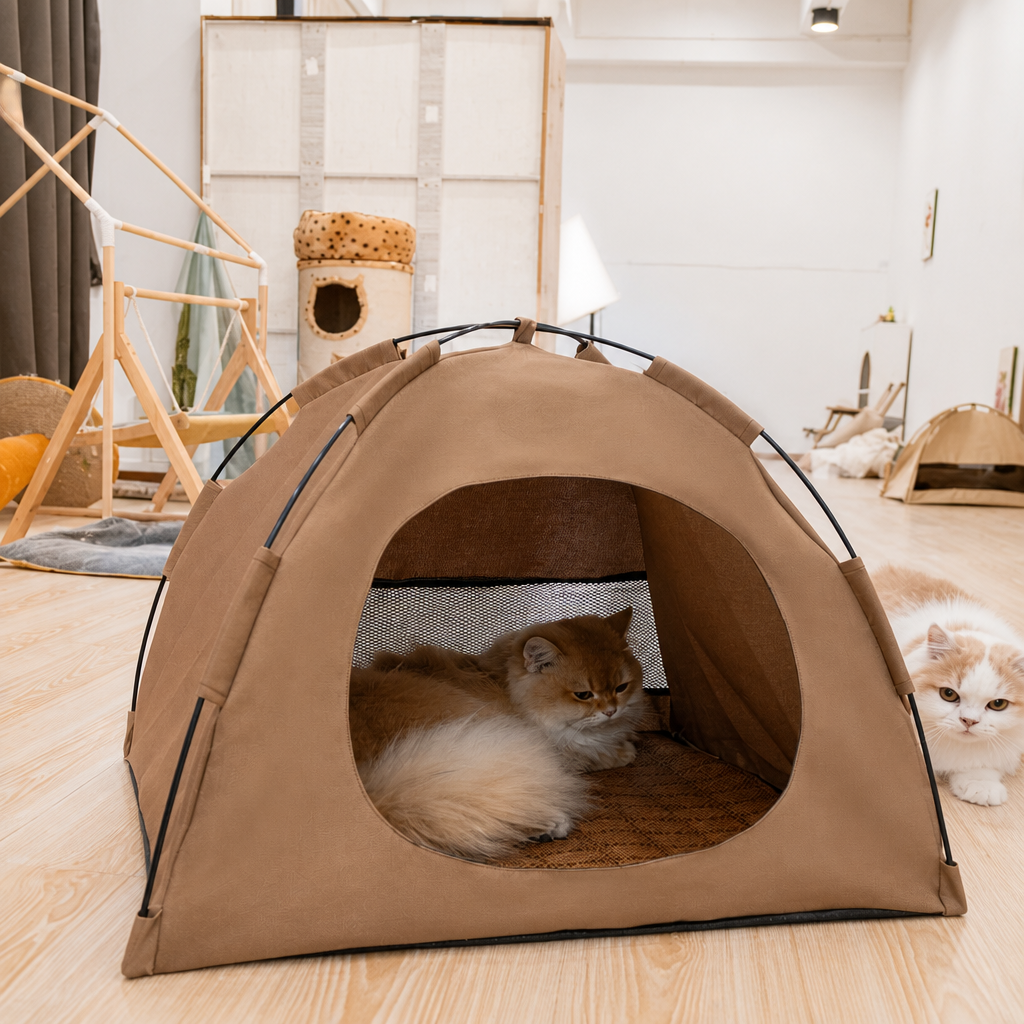 Collapsible Breathable Cat Tent Bed with Rattan-Style Mat
