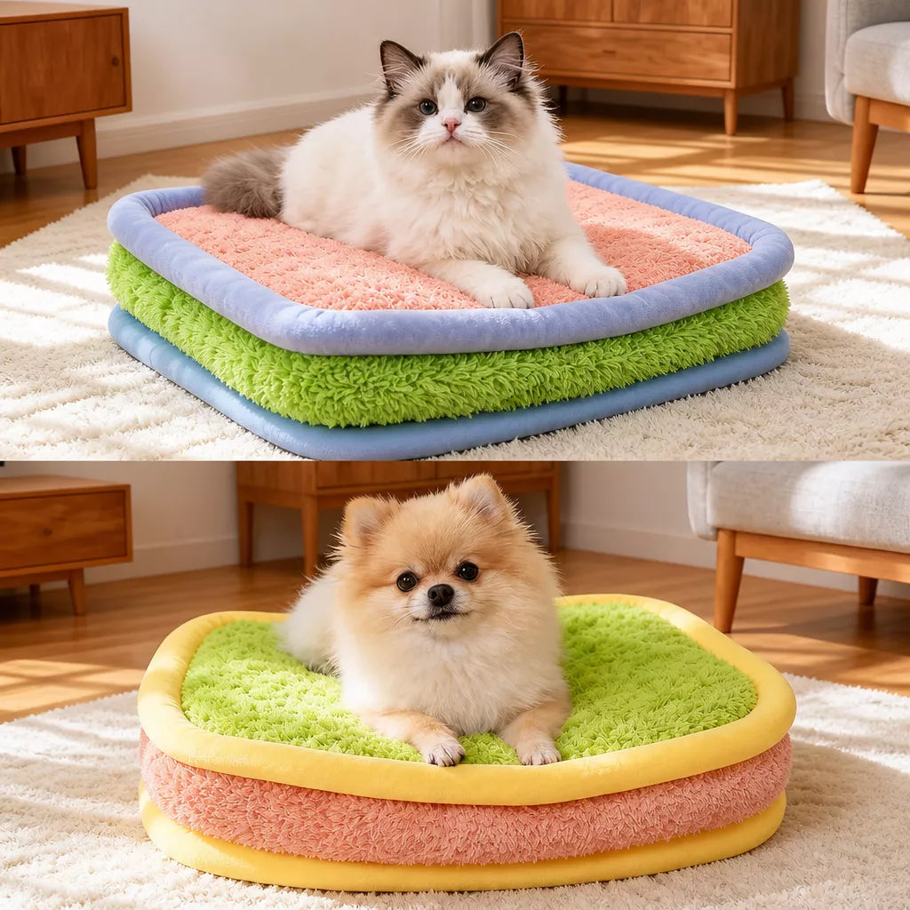 Color-Block Washable Plush Square Pet Bed for Dogs and Cats