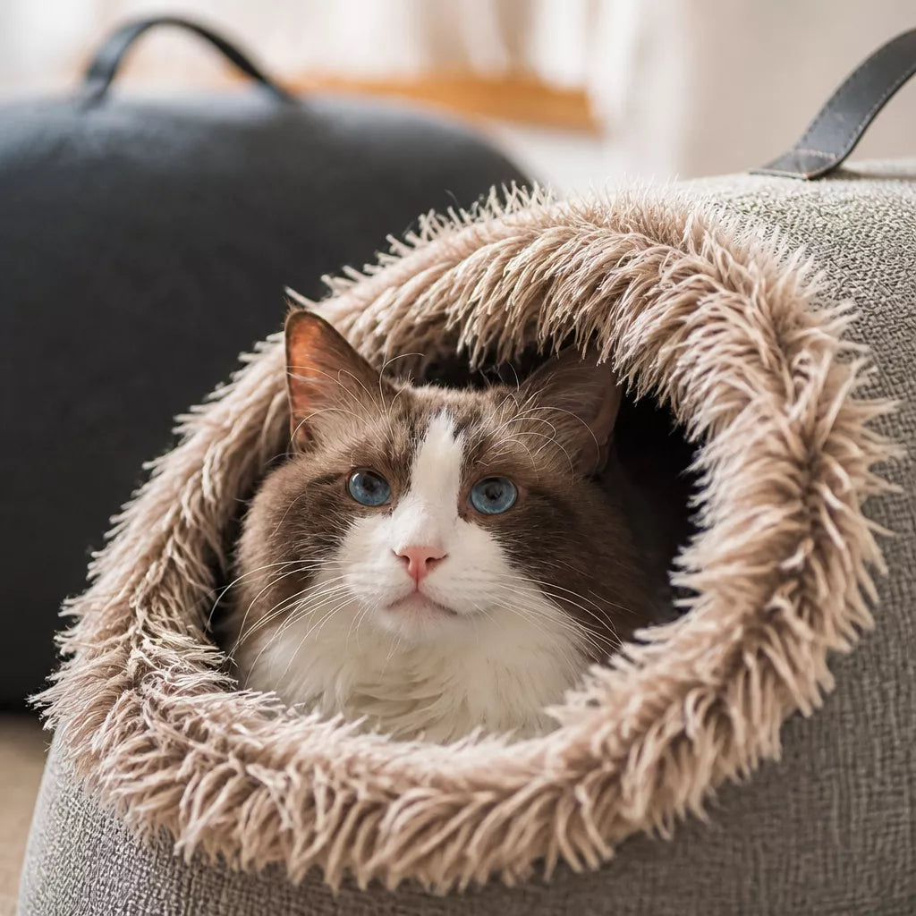 Enclosed Plush Pet Bed with Carry Handle for Cats and Small Dogs