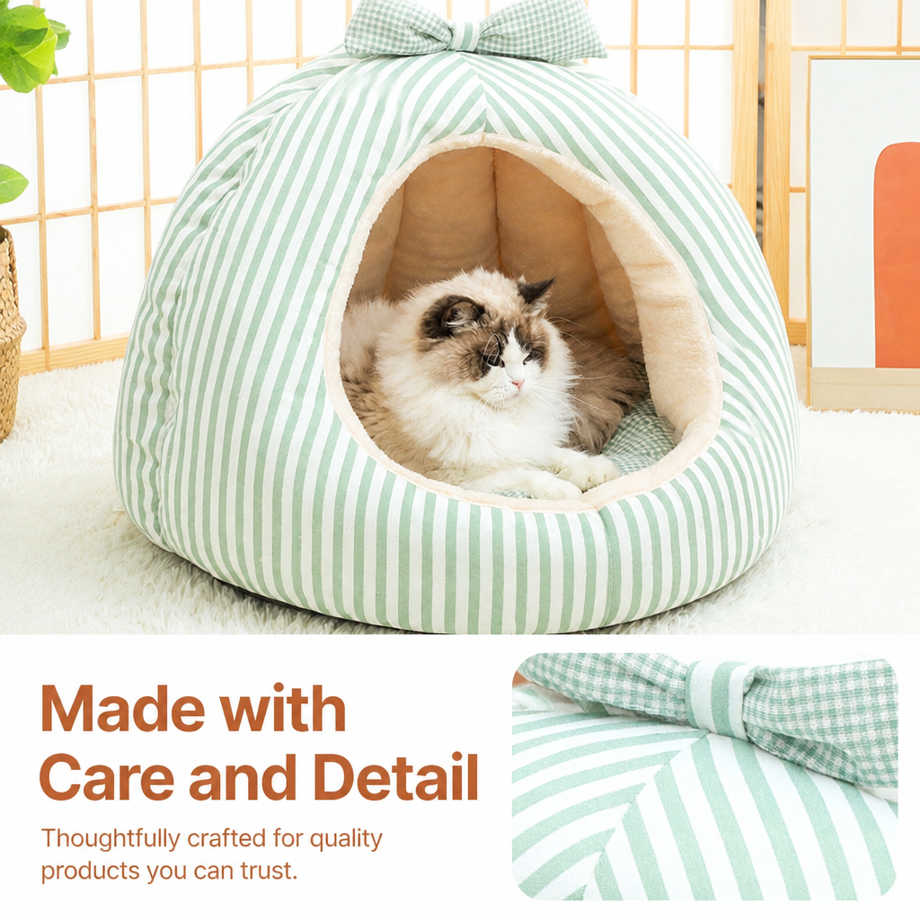 Striped Bow Dome Cat Cave Bed with Plush Cushion