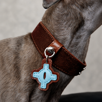 Brown Faux Leather Dog Collar with Blue Accent Charm