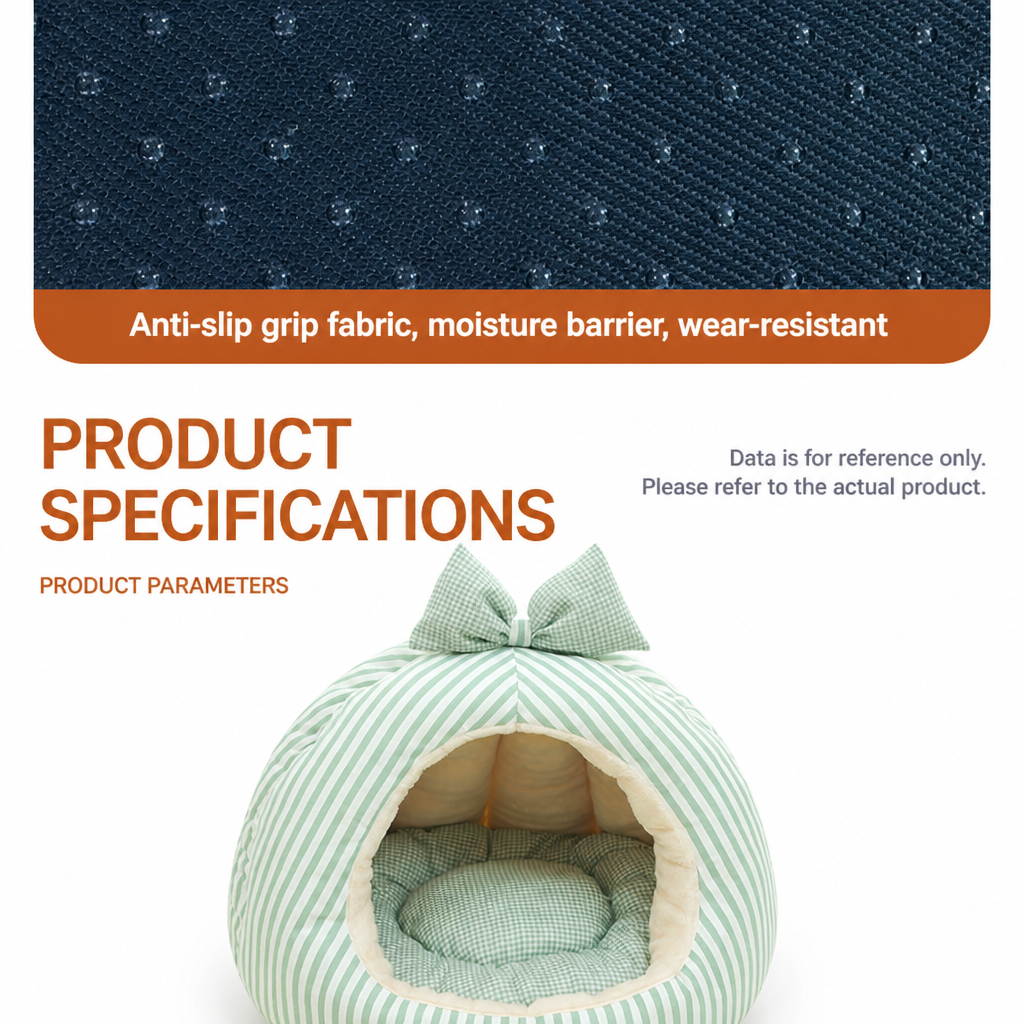 Striped Bow Dome Cat Cave Bed with Plush Cushion