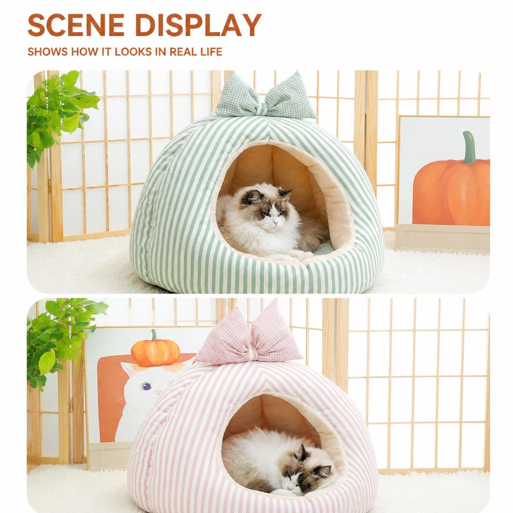 Striped Bow Dome Cat Cave Bed with Plush Cushion