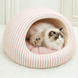 Striped Bow Dome Cat Cave Bed with Plush Cushion