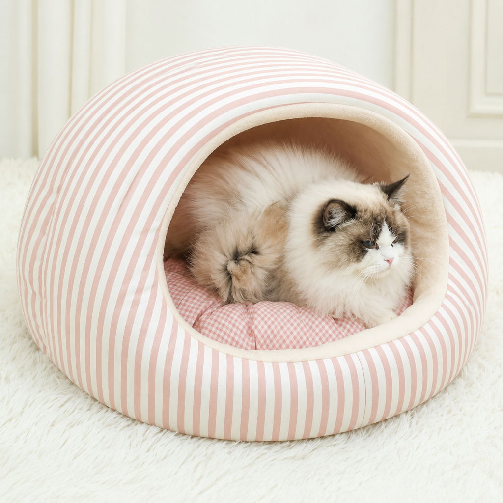 Striped Bow Dome Cat Cave Bed with Plush Cushion