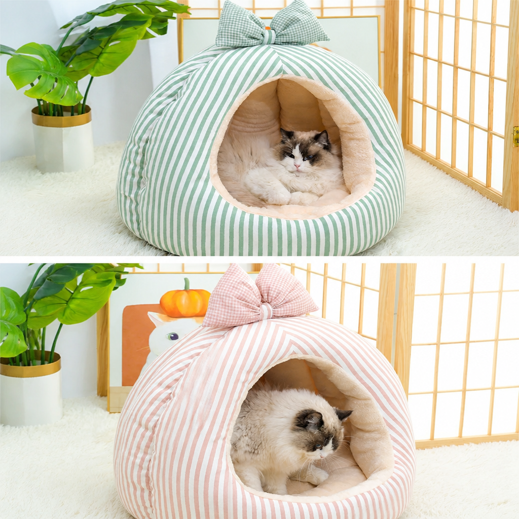 Striped Bow Dome Cat Cave Bed with Plush Cushion