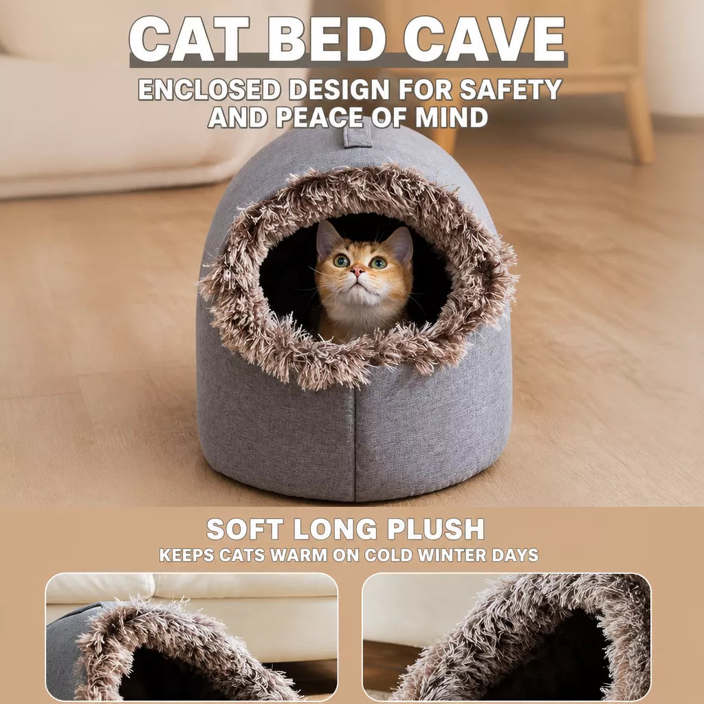 Enclosed Plush Pet Bed with Carry Handle for Cats and Small Dogs