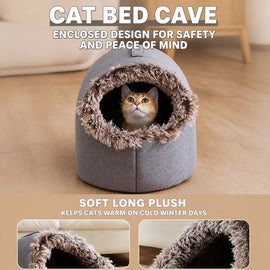 Enclosed Plush Pet Bed with Carry Handle for Cats and Small Dogs