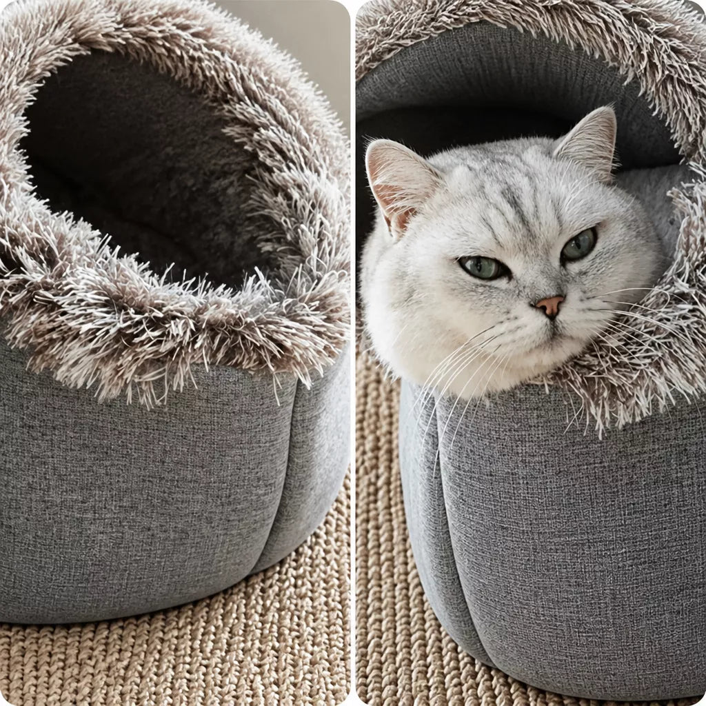 Enclosed Plush Pet Bed with Carry Handle for Cats and Small Dogs