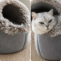 Enclosed Plush Pet Bed with Carry Handle for Cats and Small Dogs
