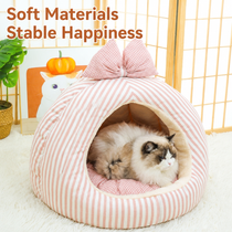Striped Bow Dome Cat Cave Bed with Plush Cushion