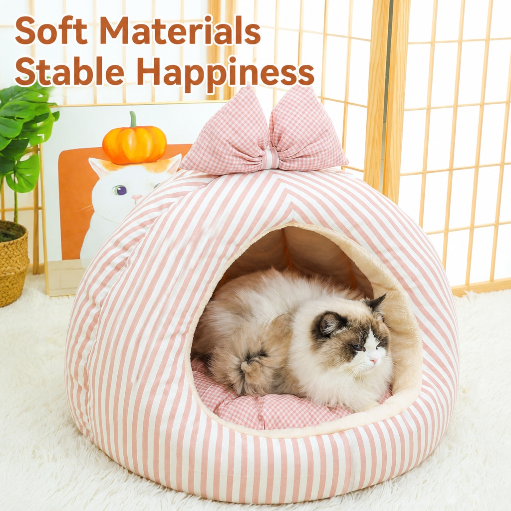 Striped Bow Dome Cat Cave Bed with Plush Cushion