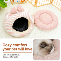 Striped Bow Dome Cat Cave Bed with Plush Cushion