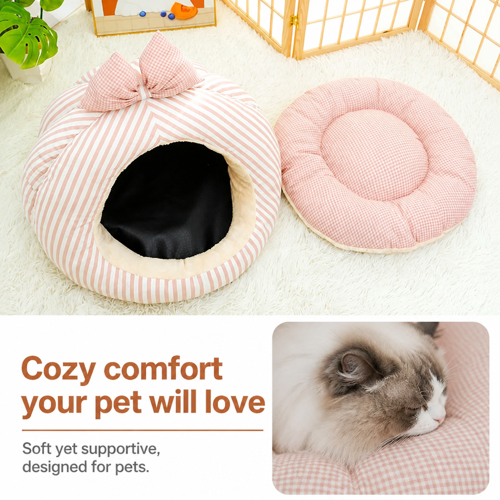 Striped Bow Dome Cat Cave Bed with Plush Cushion