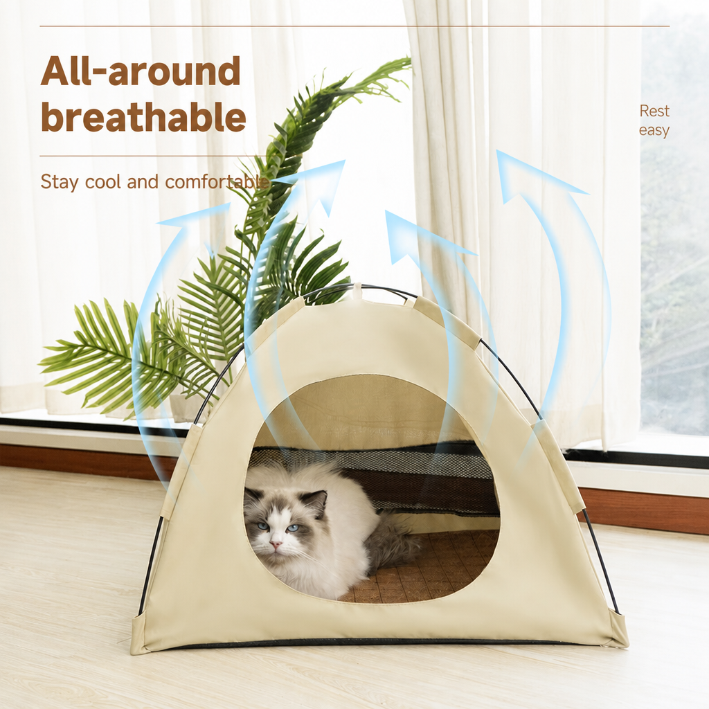 Collapsible Breathable Cat Tent Bed with Rattan-Style Mat