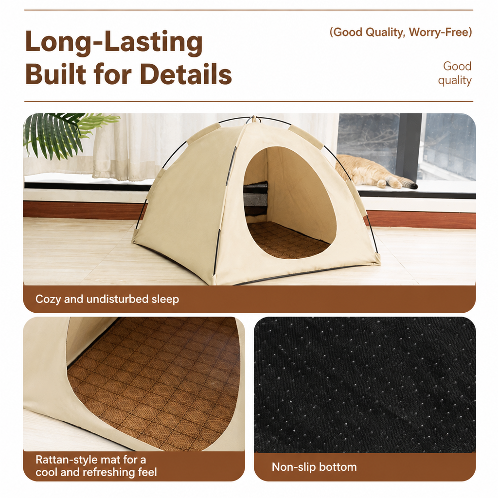 Collapsible Breathable Cat Tent Bed with Rattan-Style Mat