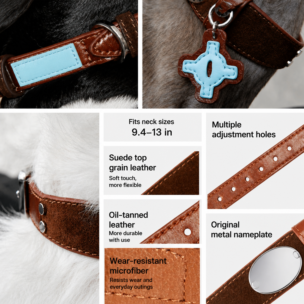 Brown Faux Leather Dog Collar with Blue Accent Charm