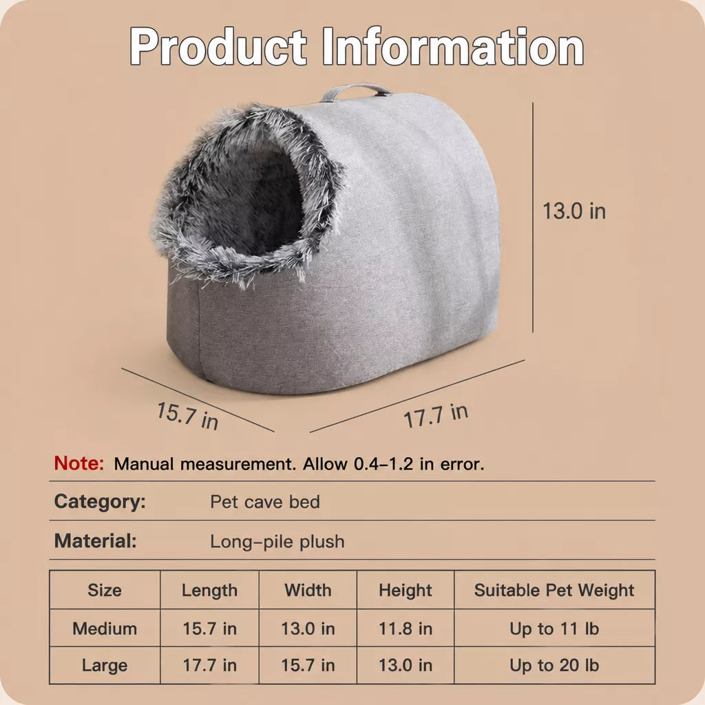 Enclosed Plush Pet Bed with Carry Handle for Cats and Small Dogs