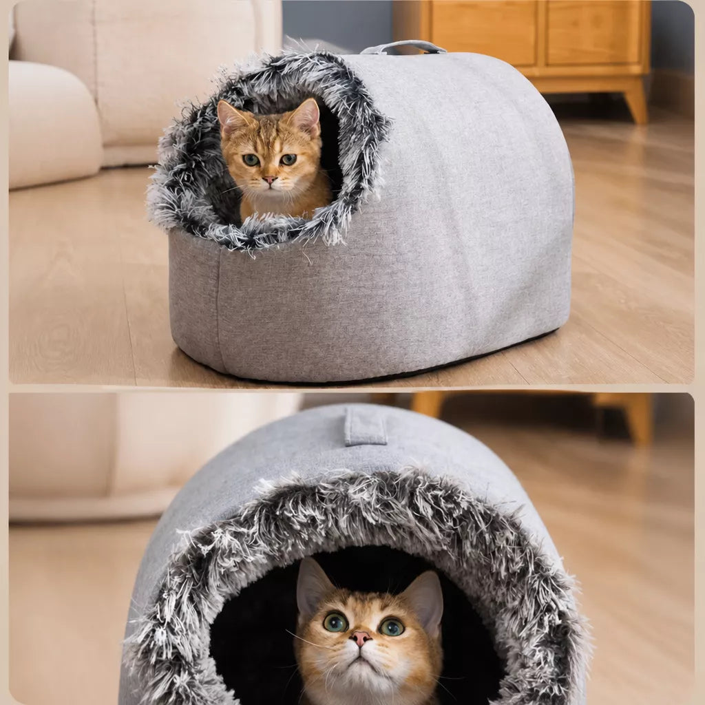 Enclosed Plush Pet Bed with Carry Handle for Cats and Small Dogs
