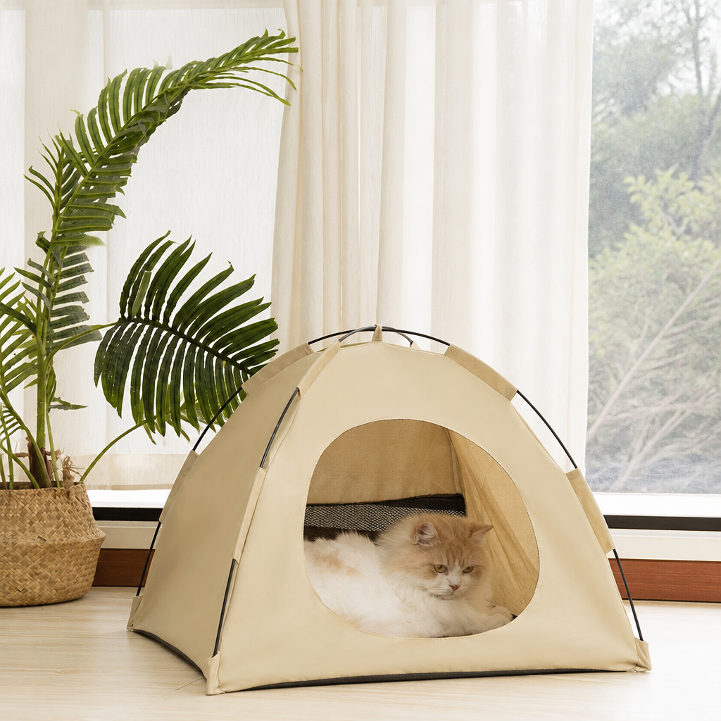 Collapsible Breathable Cat Tent Bed with Rattan-Style Mat