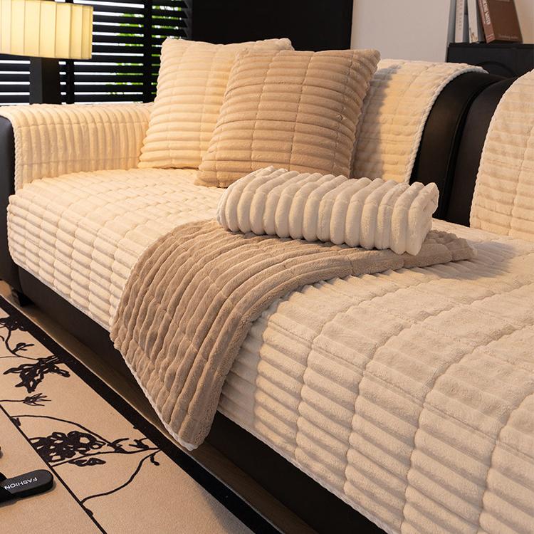 Cloud-Soft Ribbed Fleece Modular Couch Cover styled on a contemporary sofa