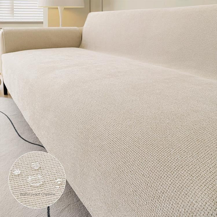 Beige water-resistant chenille full sofa cover shown on a sofa