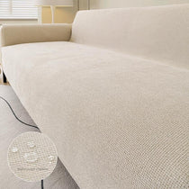 Beige water-resistant chenille full sofa cover shown on a sofa