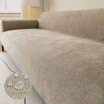 Coffee water-resistant chenille full sofa cover shown on a sofa