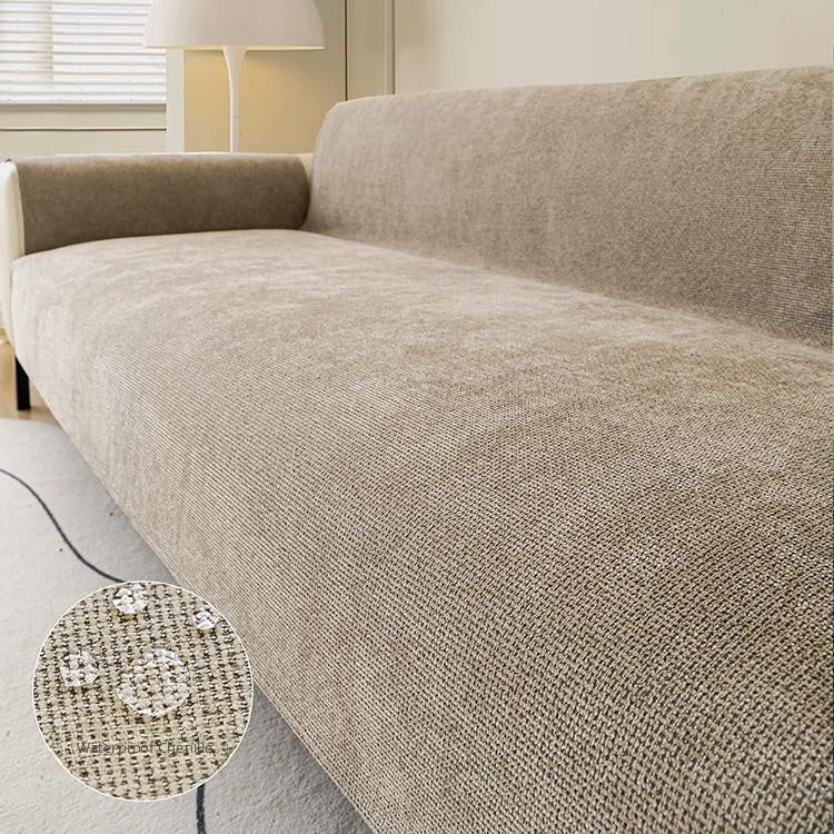 Coffee water-resistant chenille full sofa cover shown on a sofa