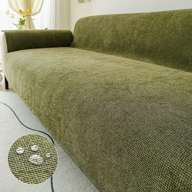 Green water-resistant chenille full sofa cover shown on a sofa