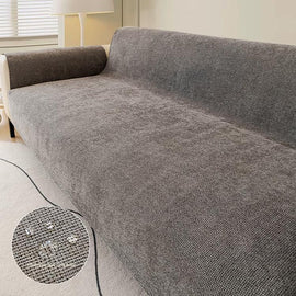 Light gray water-resistant chenille full sofa cover shown on a sofa