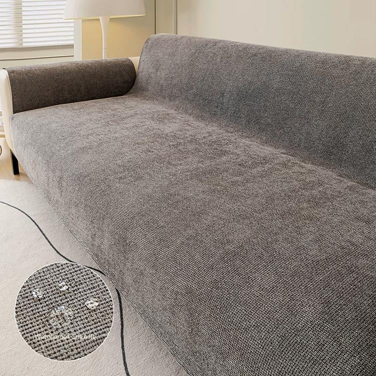 Light gray water-resistant chenille full sofa cover shown on a sofa