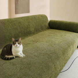 Nano-Shield Waterproof Chenille Sofa Cover styled on a sofa with a cat