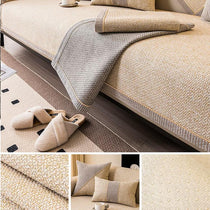 Beige contrast-trim woven faux linen couch cover shown on a sofa