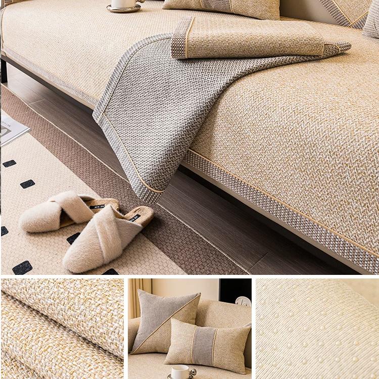 Beige contrast-trim woven faux linen couch cover shown on a sofa