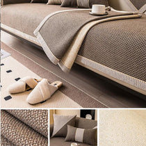 Coffee contrast-trim woven faux linen couch cover shown on a sofa