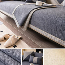 Dark gray contrast-trim woven faux linen couch cover shown on a sofa